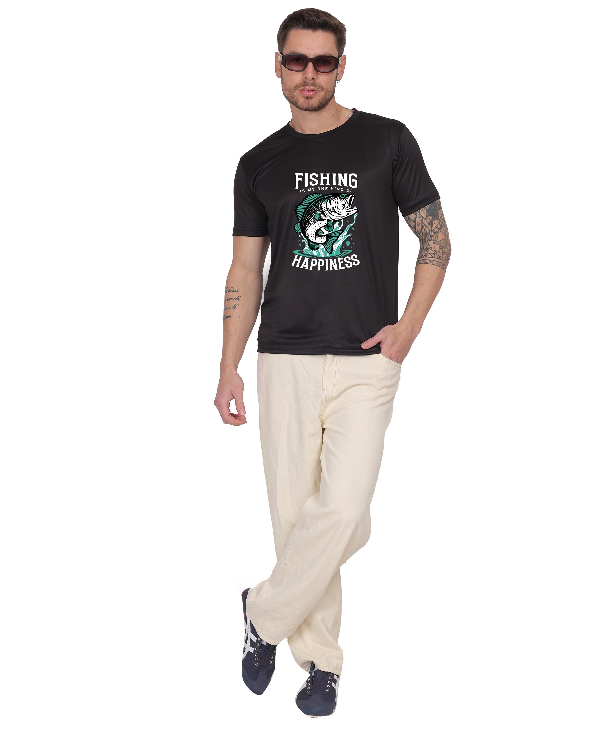 Generic Fishing Happiness Graphic T-Shirt, Black Cotton, Short Sleeve, Regular Fit, Crew Neck