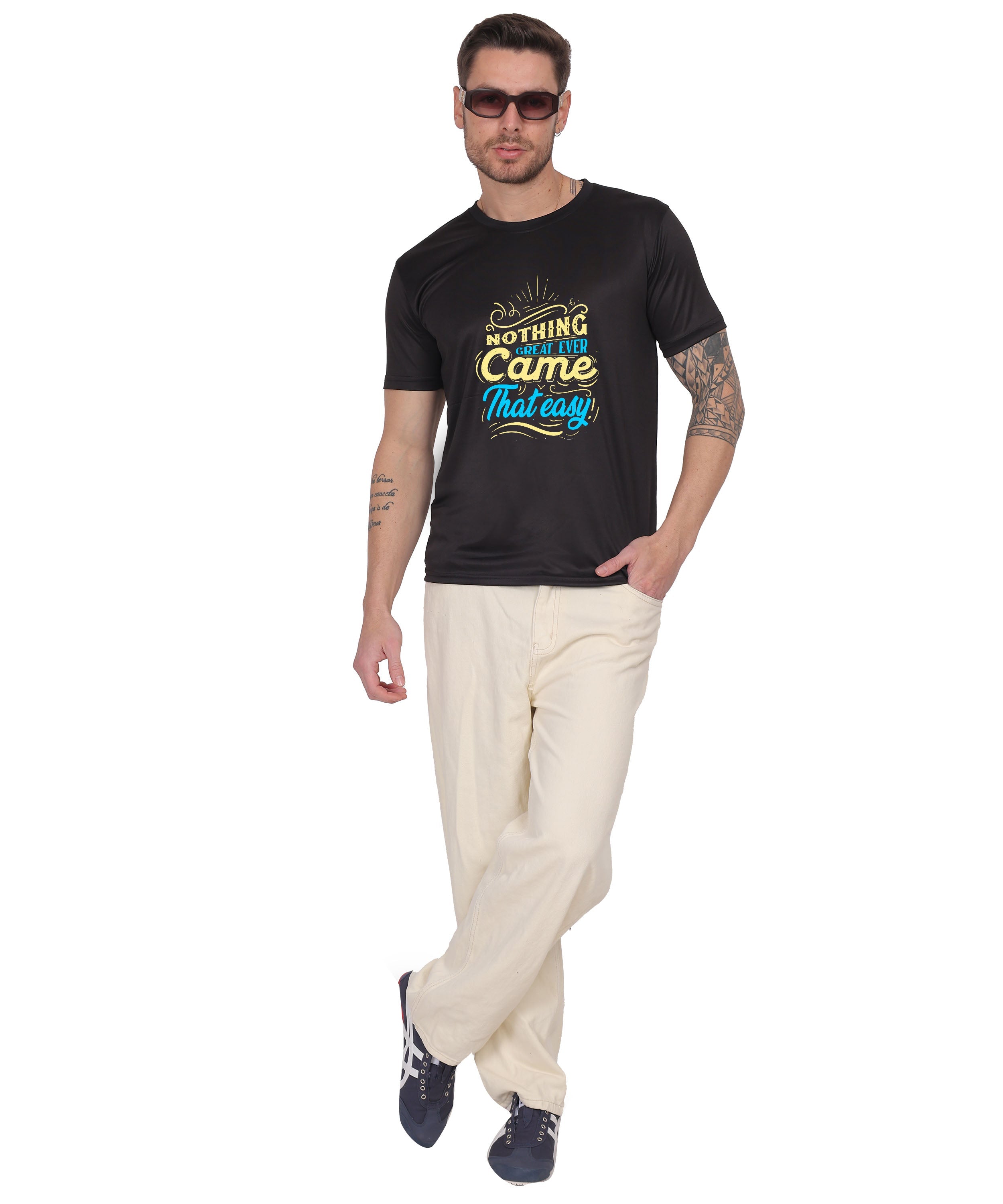 Generic Cotton Graphic T-Shirt, Black, Regular Fit, Short Sleeve, Crew Neck, 'Nothing Great Ever Came That Easy' Print